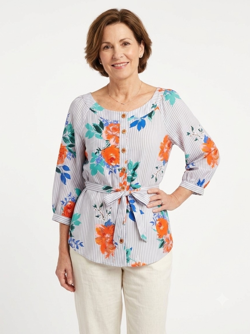 Anthropologie Striped Button-Front Blouse with Orange & Teal Floral